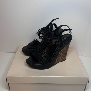 BCBGeneration BG-Callista Leather Strappy Black Wedge Sandals Women Pullback NWB